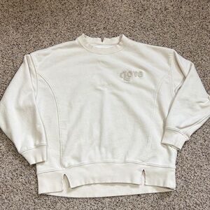 Aerie The Chill Love Crewneck Sweatshirt Cream French Terry Knit Distressed Trim